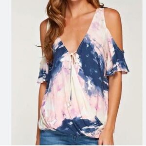 Lovestitch Pink and Blue Tie-Dye Cold Shoulder Blouse